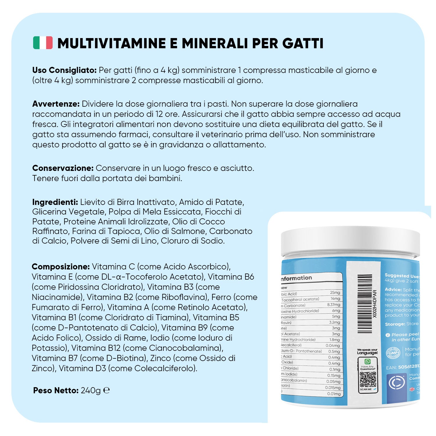 Multivitaminico con minerali per gatti, 120 compresse masticabili morbide