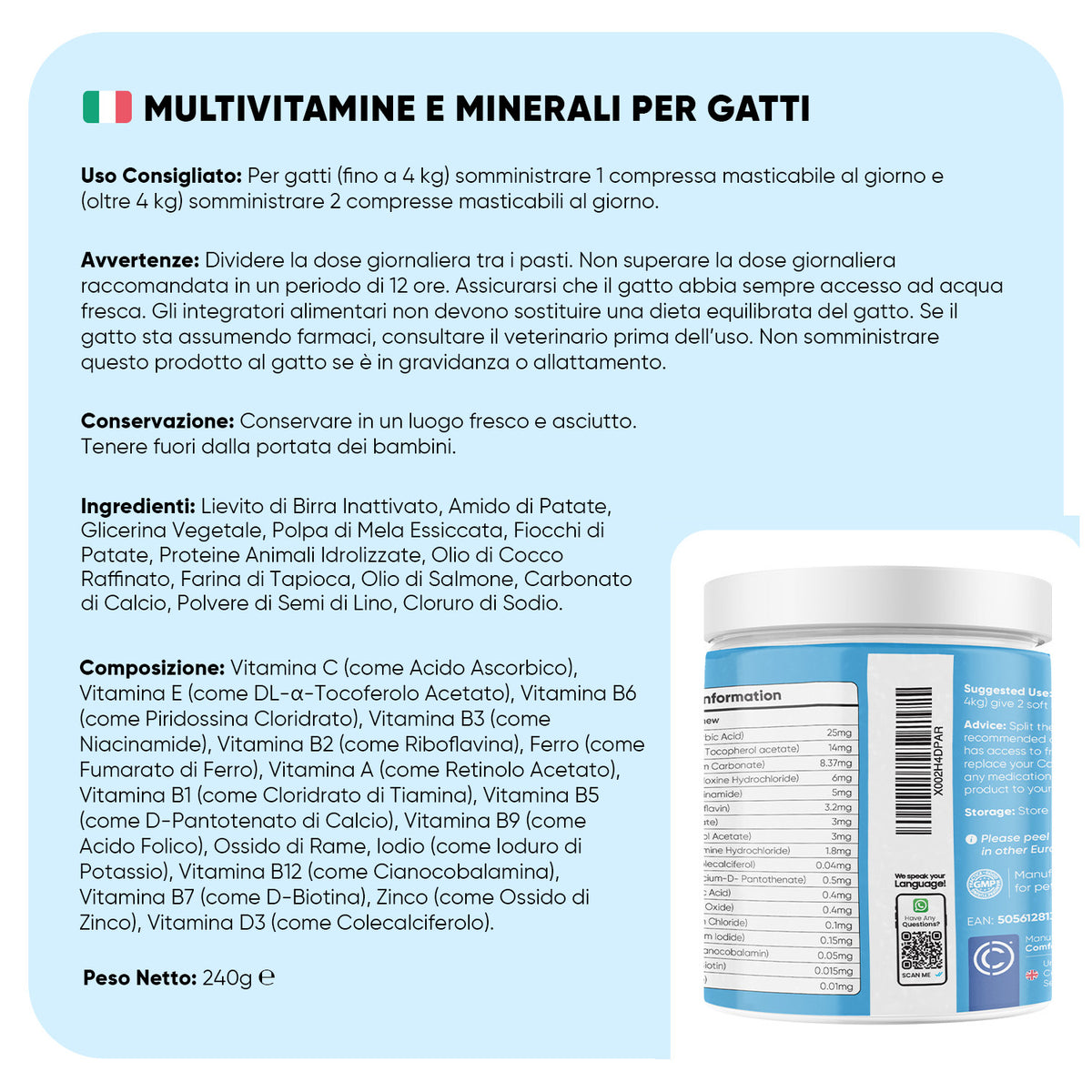 Multivitaminico con minerali per cani, 120 compresse masticabili morbide.